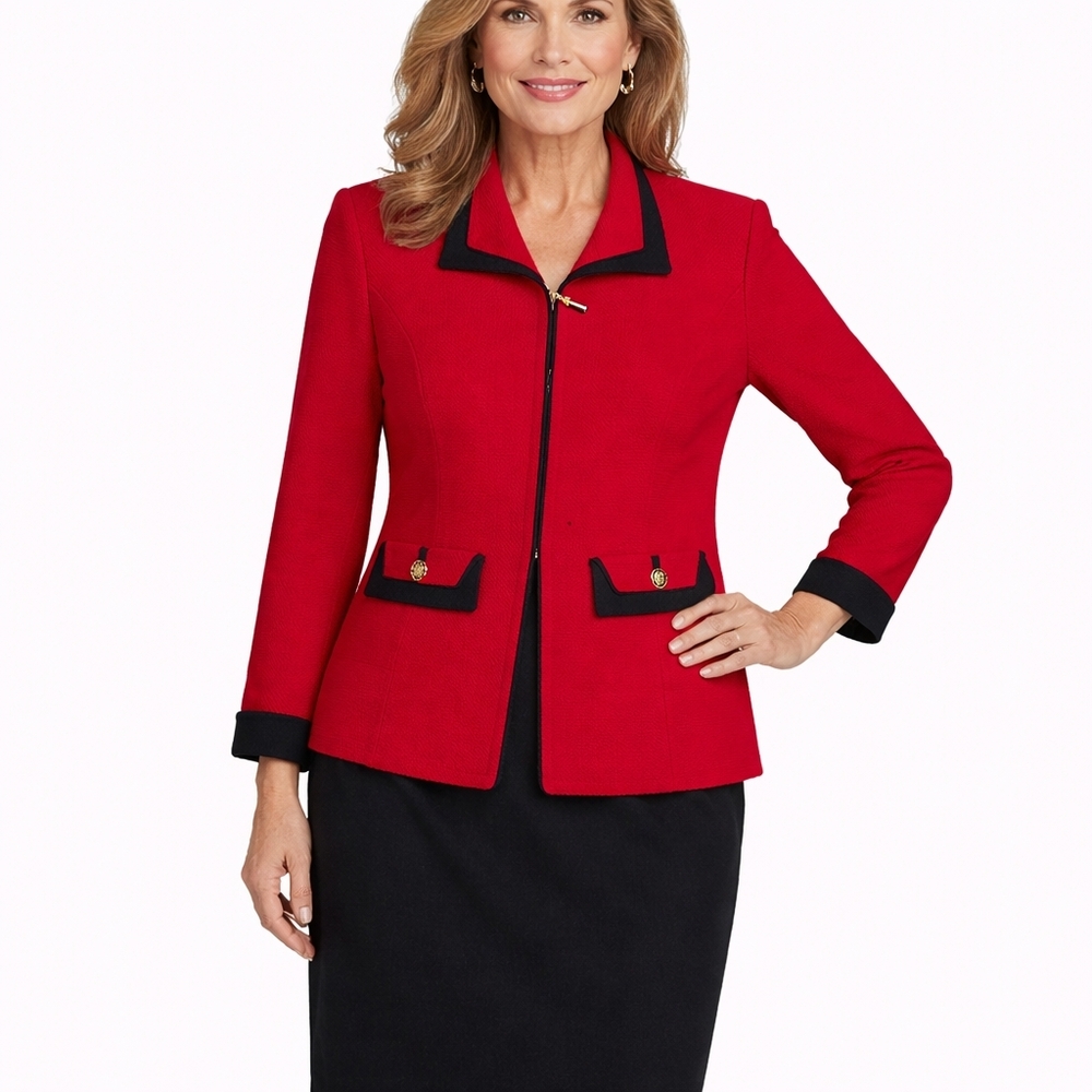 St. John Red Black Knit Blazer Skirt Set 8 10